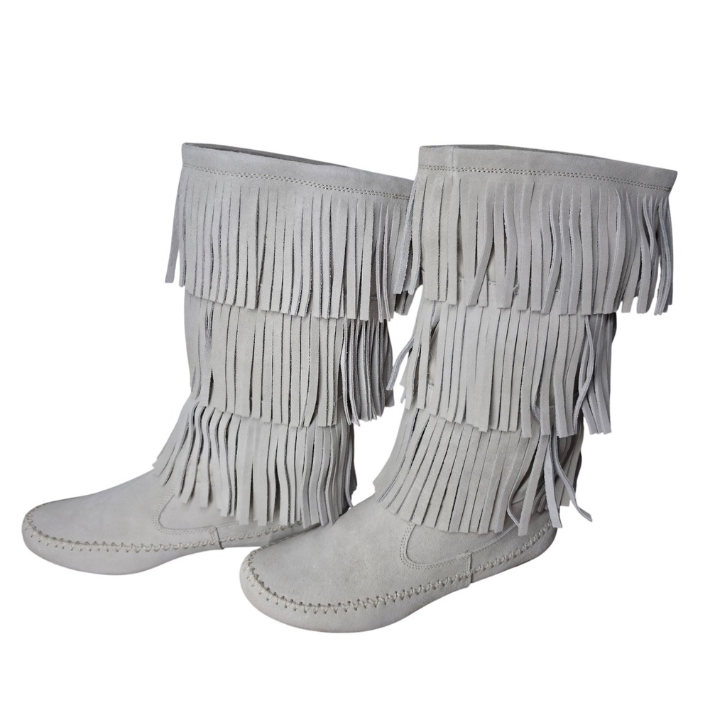 LC Lauren Conrad Women 3 Tiered Fringe Moccasin Boots Cream Taupe Suede Size 9
